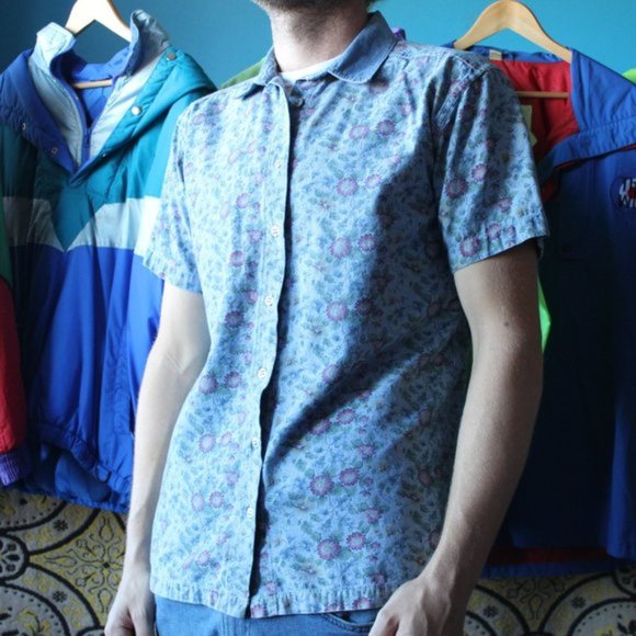 Vintage Floral Print Denim Collared Shirt - Picture 2 of 9